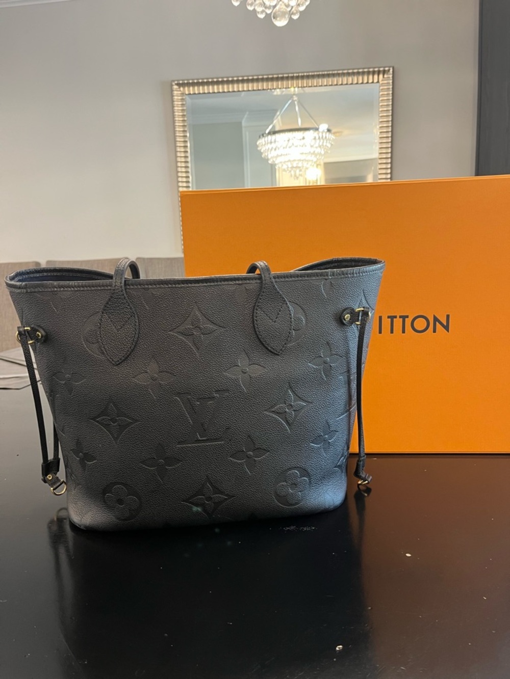 💯% Authentic Louis Vuitton
 Neverfull MM
Black Embossed Monogram Tote Bag